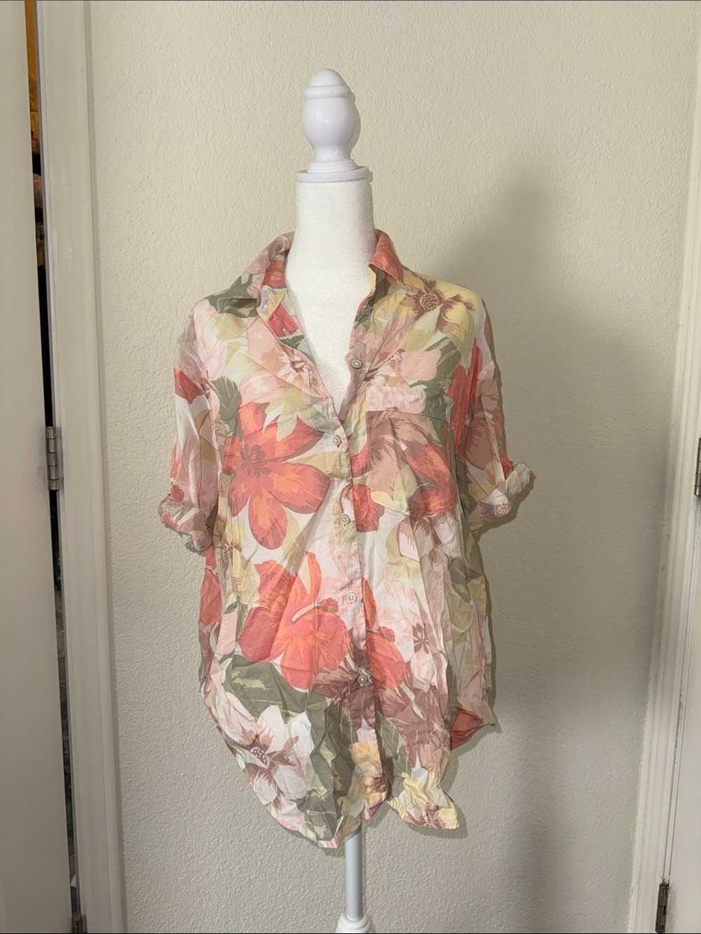 aerie Floral Button-Down Shirt in Coral, Green & Cream
